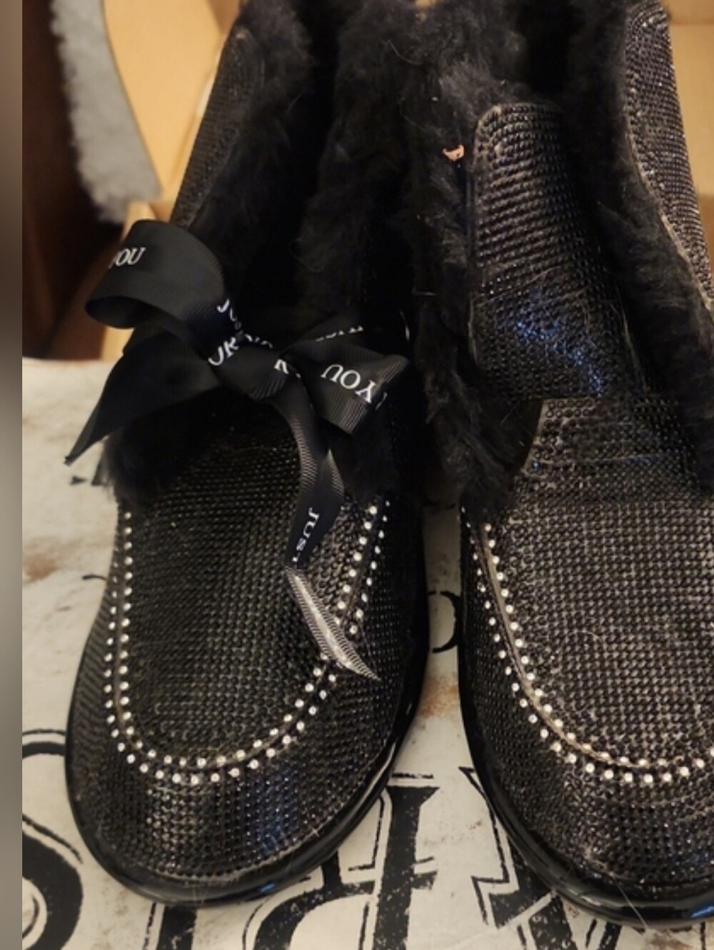 NWOT Black Sequin Faux-Fur High-Top Booties